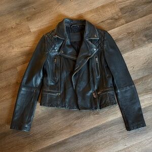 All Saints Black worn leather Moto jacket with quilted details women’s size 6